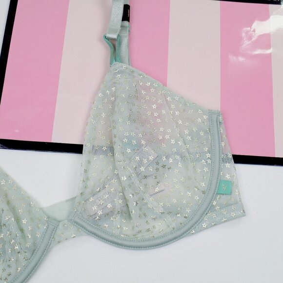 nwt victorias secret sheer mesh metallic stars sexy tee unlined lace demi bra - Picture 1 of 9